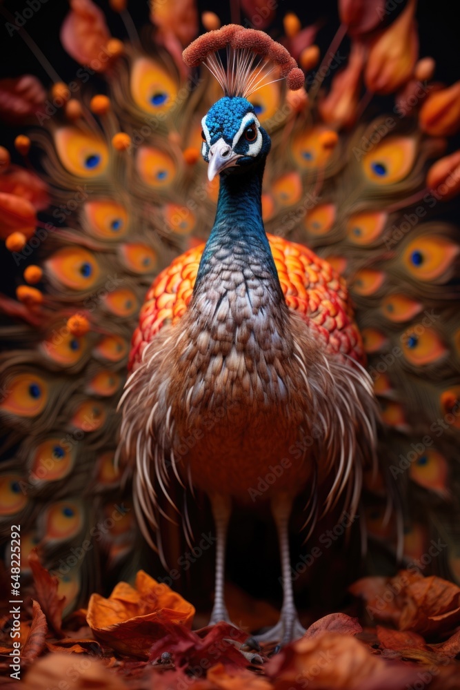 Poster a peacock standing in front of a pile of leaves. generative ai image.