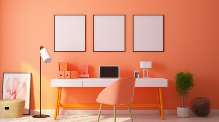 Stylish minimalist monochrome interior of modern office room in pastel orange and beige tones. Wooden desk with laptop and office tools, chair, floor lamp, houseplant, posters. Mockup, 3D rendering.