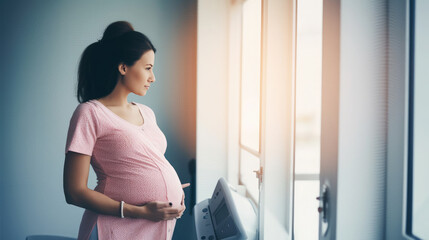 Generative AI, happy pregnant woman at a doctor's appointment, healthy pregnancy, expectant mother, big belly, expecting childbirth, bearing children, maternity hospital