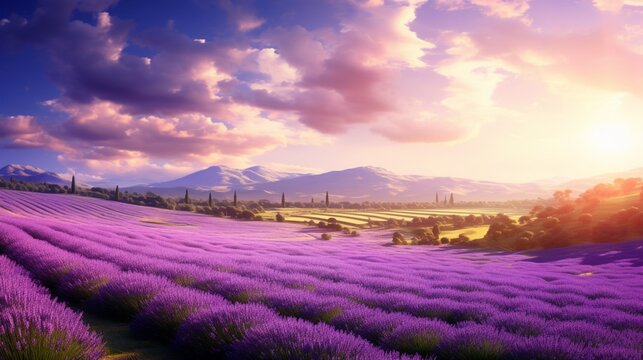 an elegant AI image of a peaceful, sunlit lavender field in full bloom