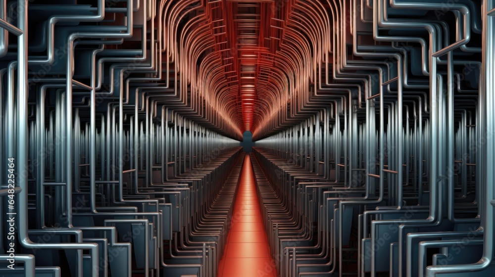 Poster a tunnel of pipes with a red light in the middle. generative ai image.