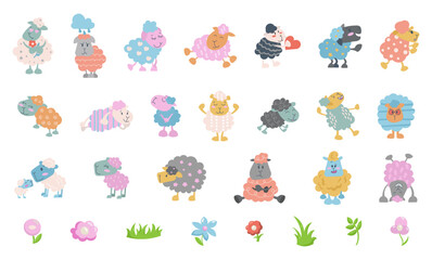 Sheep character cartoon. Cute farm animal. Flower, grass, plant. Vector drawing. Collection of design elements.