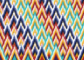 Geometric ikat folklore ornament. Tribal ethnic vector texture. Design for background, wallpaper, fabric, clothing, carpet, scarf.  Seamless striped pattern in Aztec style. Ikat pattern.