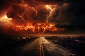 Desolate Highway in Burning Landscape
