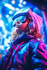 A futuristic girl wearing a virtual reality headset and a hat dances to the music at a concert, embracing the technology-infused clothing of the future