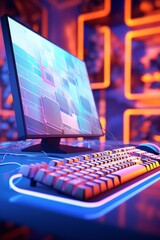A vibrant and modern indoor scene of electronics, with a laptop, keyboard and computer monitor, captures the power of technology and the possibilities it brings - obrazy, fototapety, plakaty