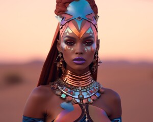A vibrant and captivating woman dances outdoors, adorned in an eye-catching necklace and face paint, her head piece swaying with every move