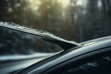 Cleaned car windshield with wiper blades on winter day. Generative AI - obrazy, fototapety, plakaty