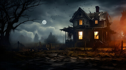 Fototapeta na wymiar Haunted house mansion in a swamp at night. Horror house