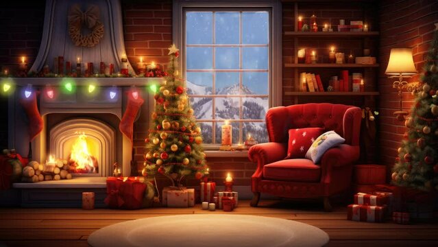 fireplace with christmas decorations. seamless looping time-lapse virtual video animation background.	