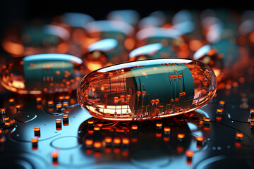 A large pill with a microchip embedded inside. The medicine of the future for many diseases.
