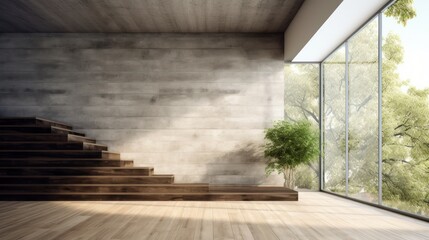 Interior of loft style room in luxury villa. Empty concrete walls, wooden floor, wooden staircase, houseplant, panoramic windows with garden view. Contemporary home design. Mockup, 3D rendering.