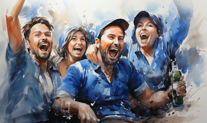 Watercolor, a group of young people having fun in a bar.