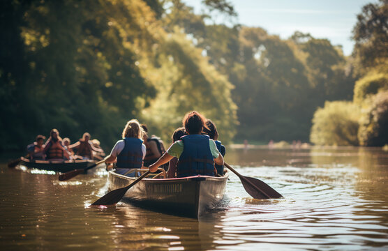 Group of colleagues enjoying canoe down on a peaceful river. - Powered by Adobe