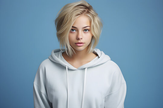 portrait of a teen girl, introvert, short straight blonde hair, light blue background, Generative AI