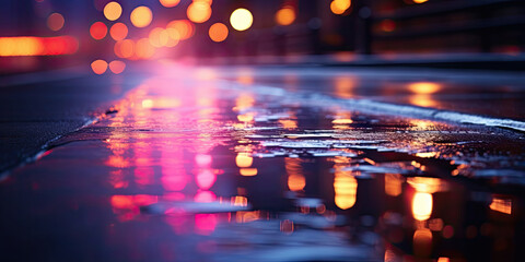 Wet asphalt with neon light.