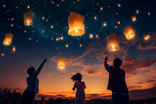 Family flying a sky lantern into the night sky at the festive celebration.