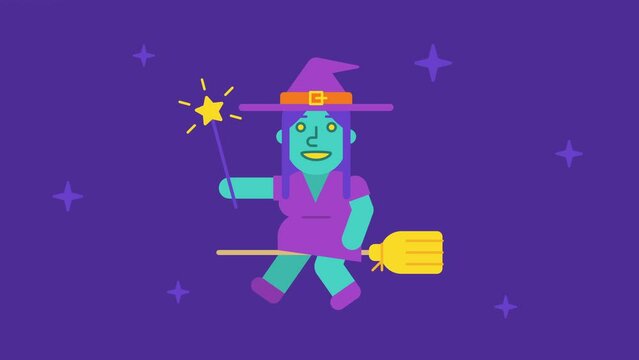 Composition happy halloween cute witch flies on broom and holds magic wand option two. Greeting video card