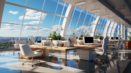Interior of open space office in modern building. Glossy floor, wooden desks with computers and office tools, chairs. Panoramic windows with city view. Contemporary design. Mockup, 3D rendering.