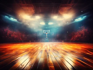Poster Basketball sport arena. Interior view to wooden floor of basketball court.  basketball hoops side view. sport background , Generative Ai  © Amir