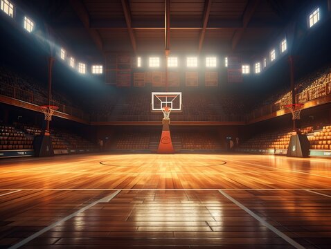 Basketball sport arena. Interior view to wooden floor of basketball court.  basketball hoops side view. sport background , Generative Ai 