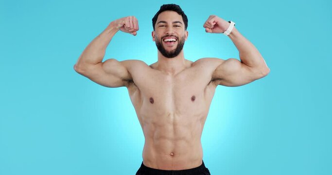 Happy man flex muscle, body and fitness in studio isolated on blue background mockup space. Face portrait, abs and strong arms of athlete, bodybuilder and workout biceps, training or exercise health