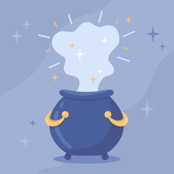 Magic cauldron illustration in flat cartoon style. Witchcraft Halloween which attributes.