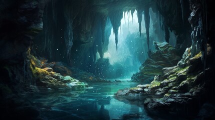 A fantasy concept art of an underground cavern with waterfalls and glowing crystals, surrounded by...