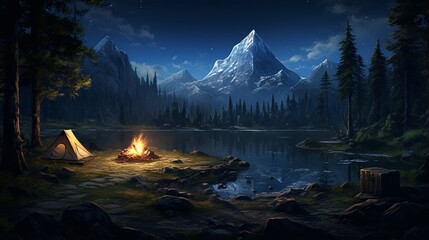 A campfire by the lake, with tents and mountains in the background, at night.