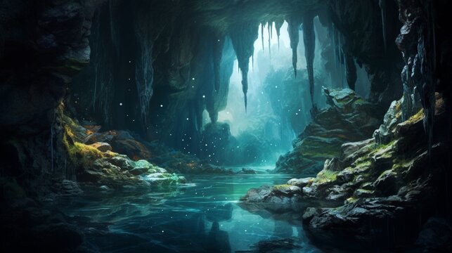 A fantasy concept art of an underground cavern with waterfalls and glowing crystals, surrounded by black rock formations and mosscovered walls. 