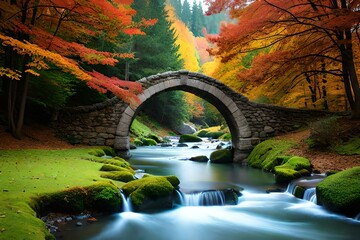 Design an enchanting scene where a small stone bridge gracefully arches over a babbling brook - Powered by Adobe