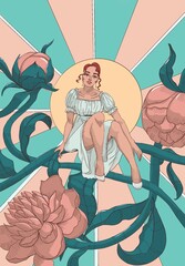 Young girl on fantastic peony flowers in retro style