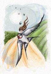 Little girl on a swallow. Watercolor illustration. Thumbelina