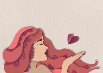 Girl in paper technique. With pink or red hair. Sending kiss with shiny paper hearts
