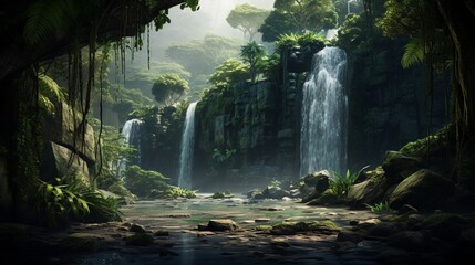  A fantasy jungle landscape with waterfalls and dense foliage, rendered in the style of concept art for games like Warcraft or League of Legends.
