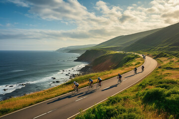 Cyclists ride along a coastal road with ocean views.