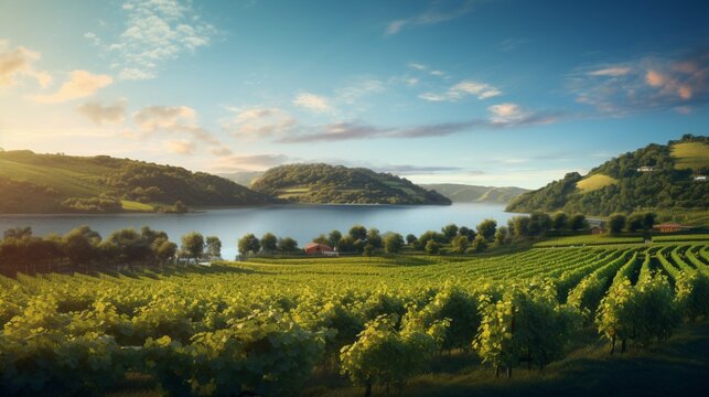 an elegant AI image of a lakeside vineyard with rows of grapevines