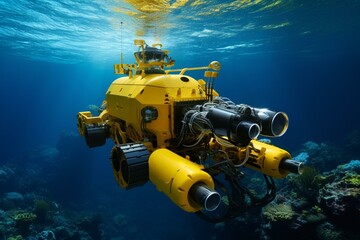 Underwater surveying robot exploring offshore pipeline. Generative AI