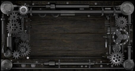 rectangular frame in steampunk style. Ornate frame in steampunk style. Gears, clockwork elements, rivets, dials, old, cracked, wood, fantasy