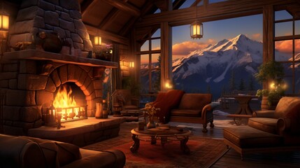 A cozy mountain lodge with large windows overlooking the snowcapped peaks, a warm fire burning in an old stone fireplace, comfortable leather sofas and armchairs arranged around it.