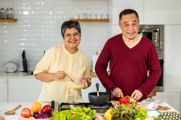 Couple senior Asian elder happy living in home kitchen. Elderly couple cooking in a kitchen. Happy mature couple family together in the kitchen, Active seniors. Older people relationship and activity