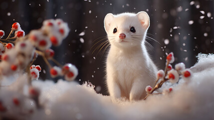 White ermine against the backdrop of a winter, snowy forest with bokeh and copy space. Arctic. Christmas card.