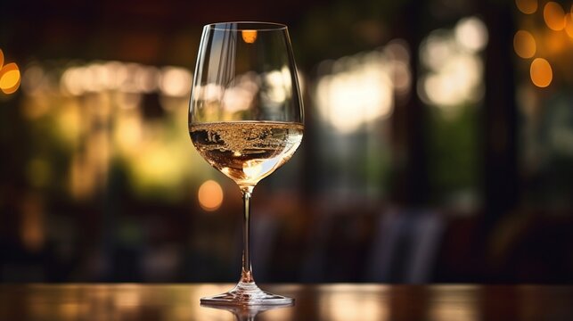 an elegant and enticing picture of a crystal-clear wine glass catching the glow of natural light while white wine is poured into it