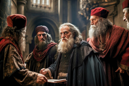 Galileo Galilei facing Roman inquisition, abandoning his views on heliocentricism. Reenactment of an important historical moment shaping the course of science and religion.