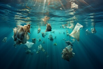 Trash-filled bags and plastic debris drift in the azure sea. Generative AI