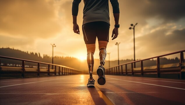 Disabled male runner on prosthetic leg disable man on sport race sport center stadium in sunset sport active background concept