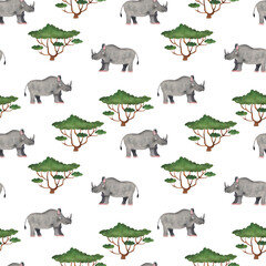 Cute rhinoceros. Seamless pattern. Watercolor illustration in cartoon style. Cute textures for baby textiles, fabric design, scrapbooking, wallpaper, etc.