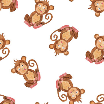 Cute monkey. Seamless pattern. Watercolor illustration in cartoon style. Cute textures for baby textiles, fabric design, scrapbooking, wallpaper, etc.
