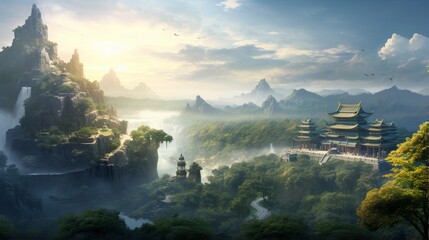 an elegant image of a valley with a serene temple perched on a hilltop