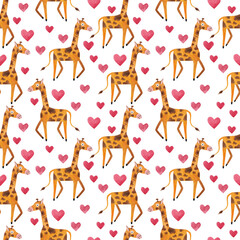 Obraz premium Cute giraffe and hearts. Seamless pattern. Watercolor illustration in cartoon style. Cute textures for baby textiles, fabric design, scrapbooking, wallpaper, etc.